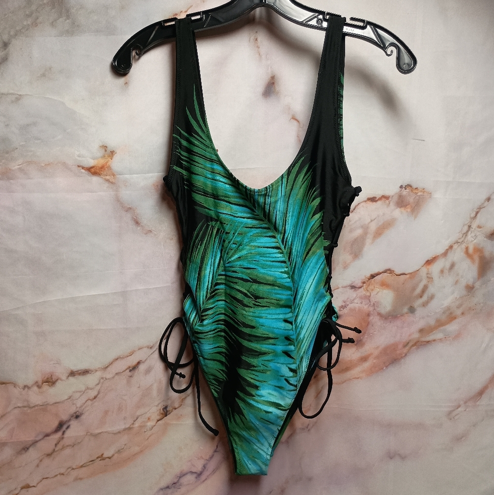Forever 21 Palm Leaf One Piece Lace‎ Up Swimsuit